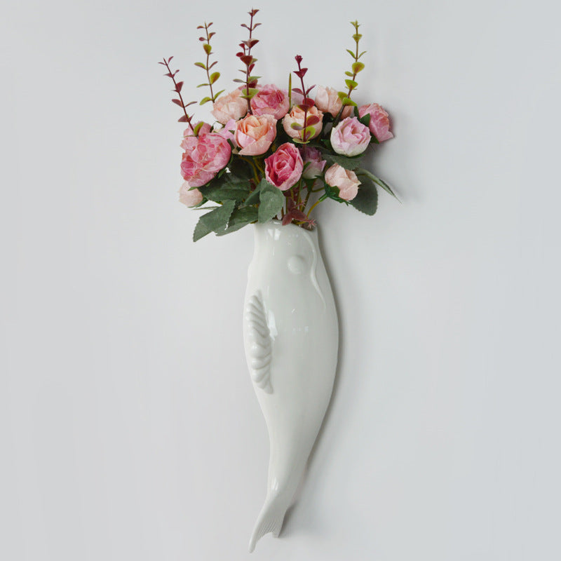 Simple Modern Ceramic Wall Vase – Goldfish Shape 3D Hanging Decor for Living Room