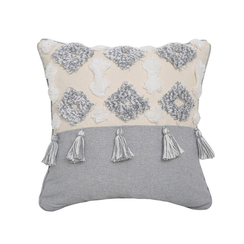 Bohemian Hand-Embroidered Tufted Cushion with Fringe Accents