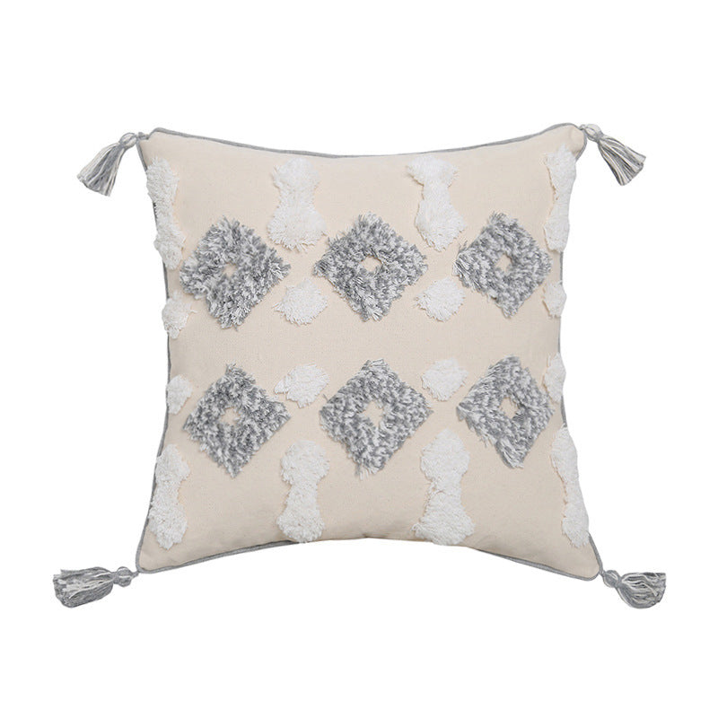 Bohemian Hand-Embroidered Tufted Cushion with Fringe Accents