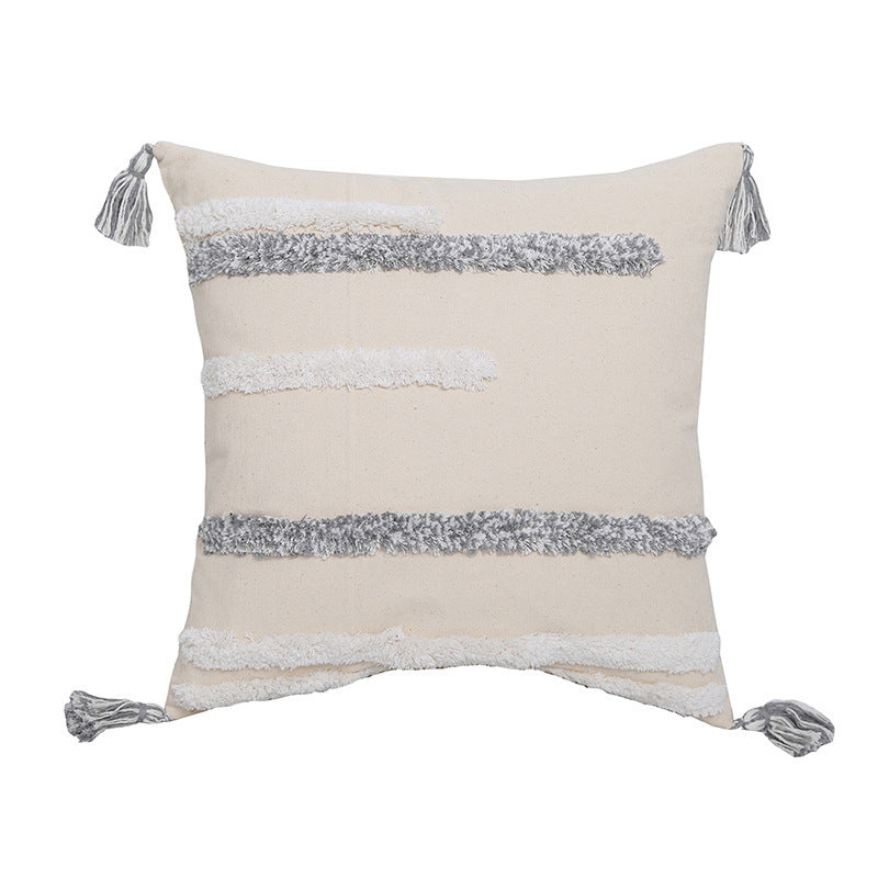 Bohemian Hand-Embroidered Tufted Cushion with Fringe Accents