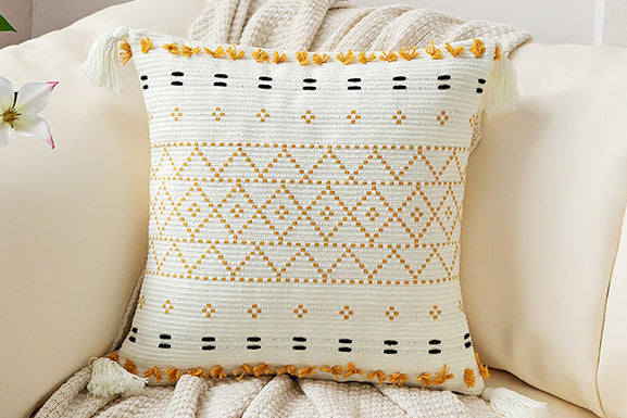 Bohemian Hand-Embroidered Tufted Cushion with Fringe Accents