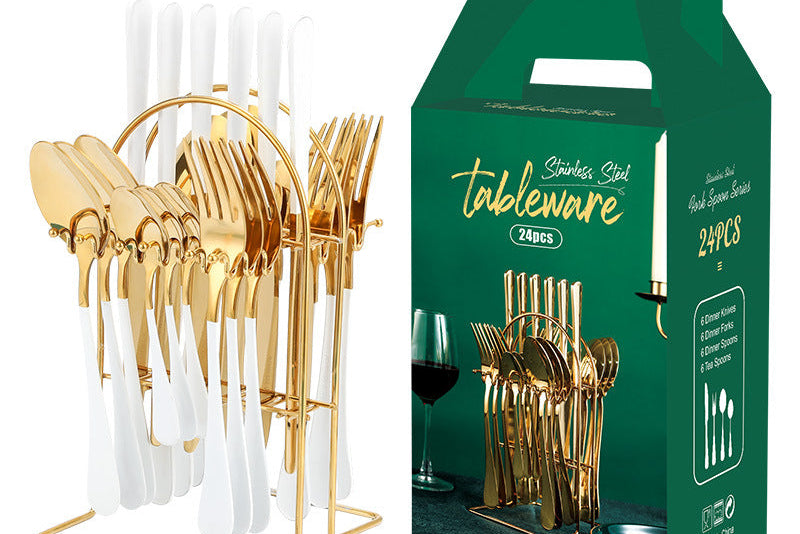 Luxury Gold Kitchen Utensil Set – Stainless Steel Knife Fork Spoon Set wi/ Holder Rack