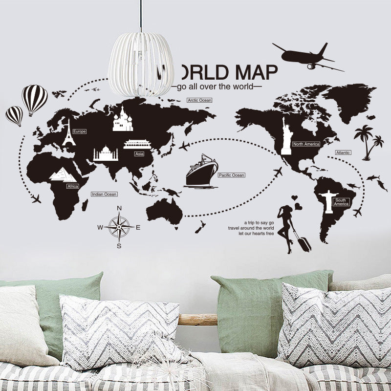 Stylish Black World Map Wall Sticker – Artistic PVC Wall Art for Home & Office Interior