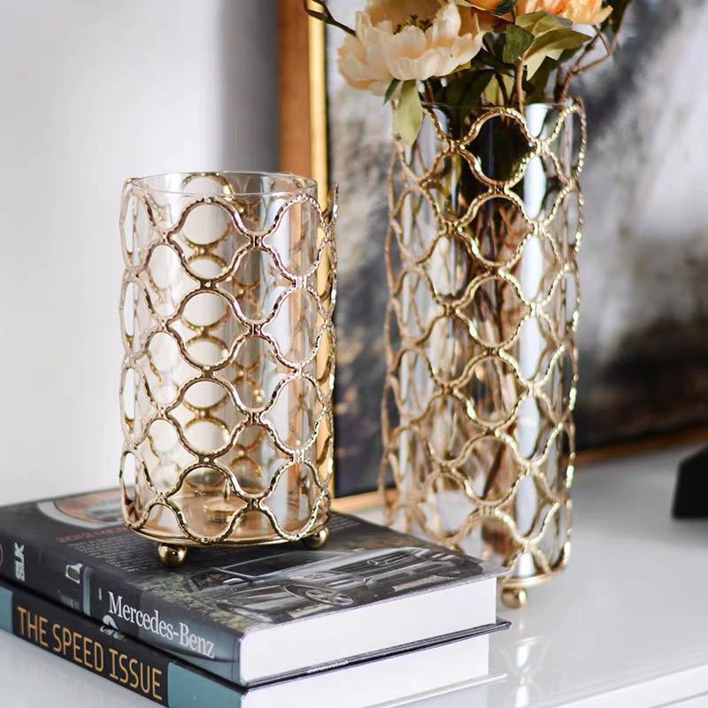 Elegant Gold Metal Glass Vase – Hollow Out Decorative Flower Stand for Living Room Decor