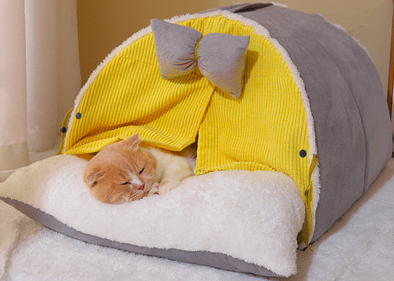 Cozy Cat Cave Bed Semi-Enclosed – Anti-Stress Pet Nest House for Year-Round Comfort