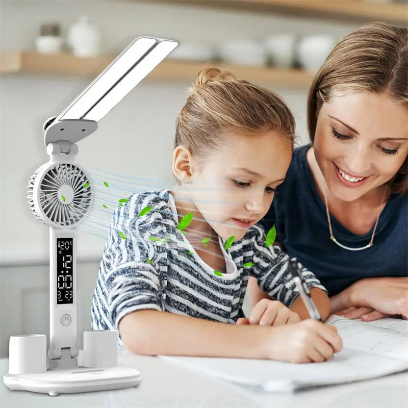 Smart Multifunction Desk Lamp – Foldable LED Reading Light with Fan, Thermometer & Organizer