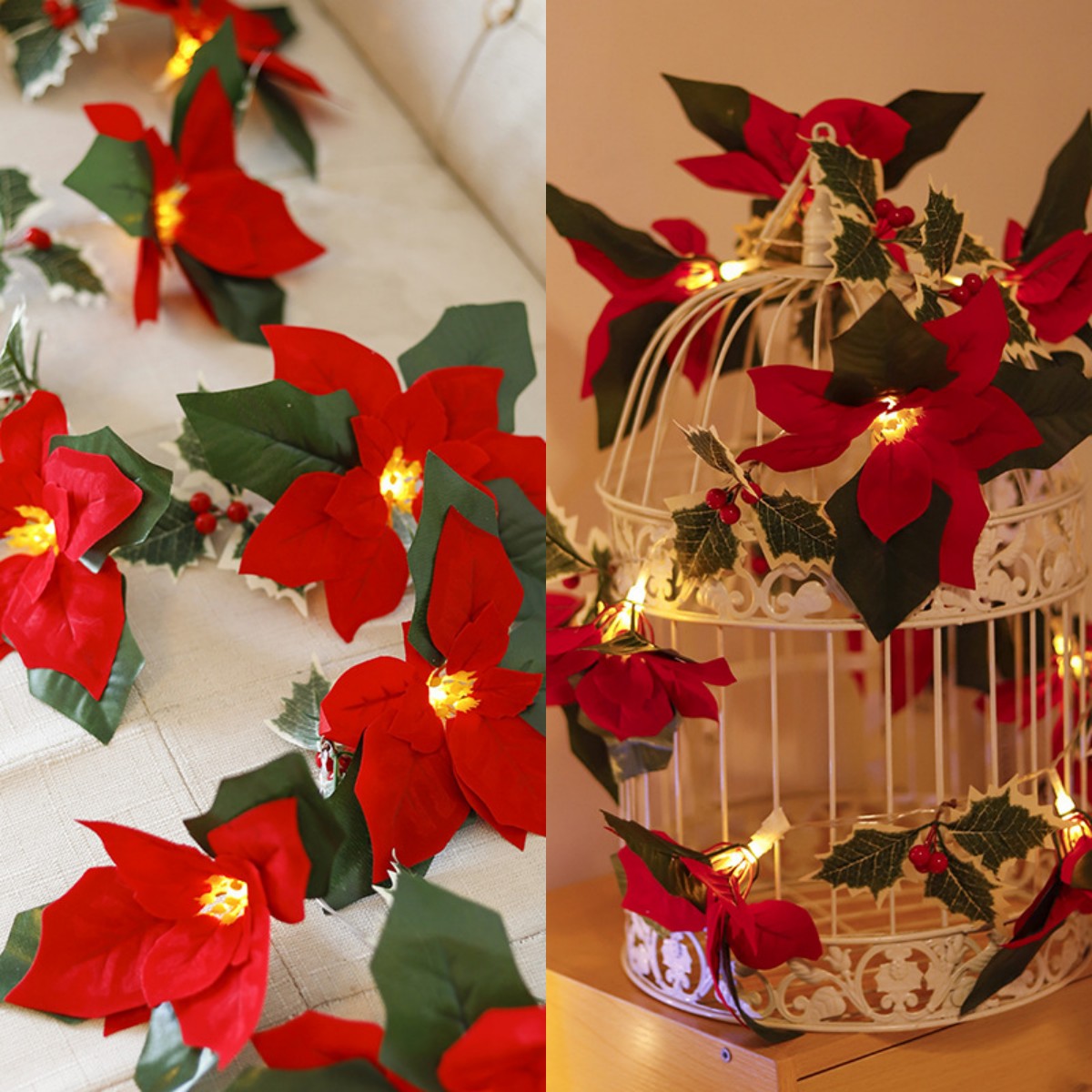 Christmas LED String Lights with Red Flowers & Berries – Cozy Festive Home Decor