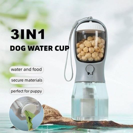 Compact 3-in-1 Dog Water Bottle Travel Cup | Portable Pet Feeder & Poop Bag Dispenser