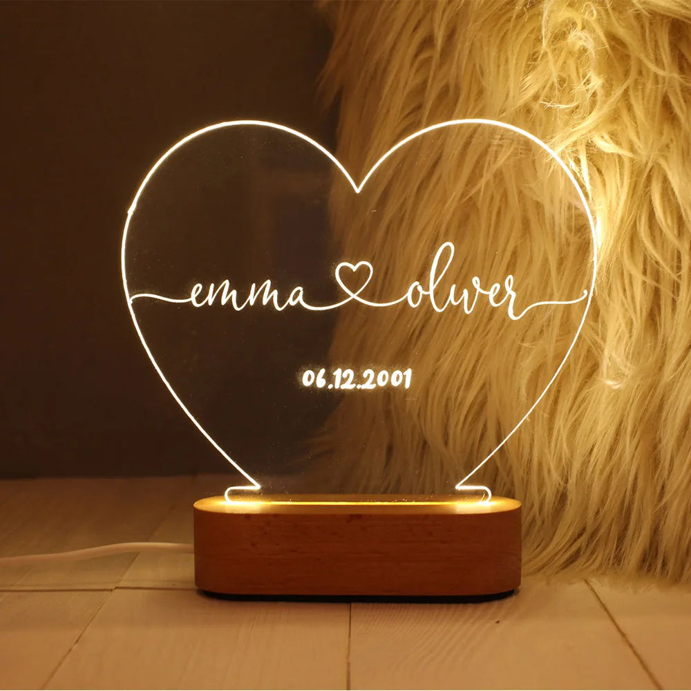 Engraved Couple Night Light – Custom Name & Date LED Romantic Gift Lamp