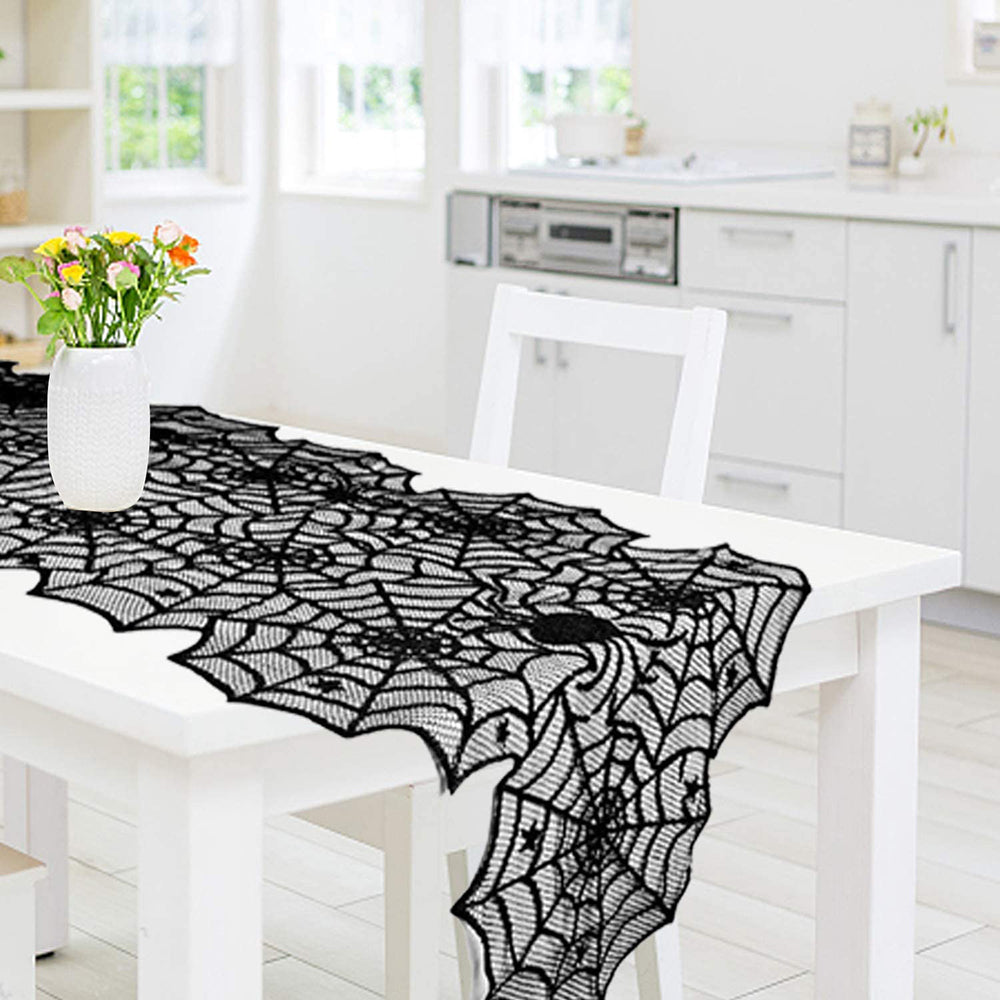 Halloween Table Decor Runner – Black Lace Spiderweb Cloth for Party Setup