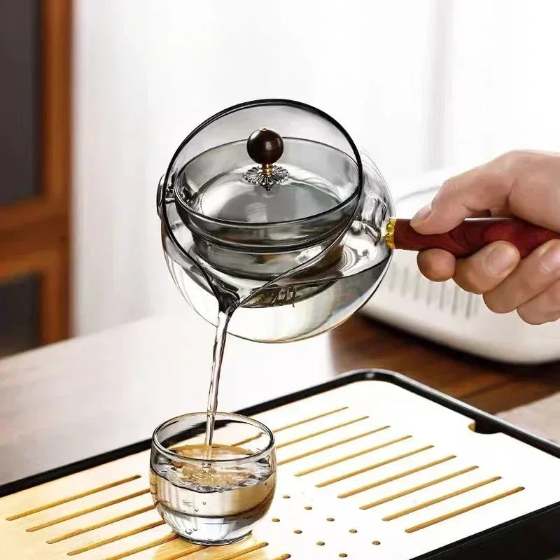 Modern Glass Teapot with Infuser – Rotary Semi Automatic Heat Resistant Tea Brewer Tool