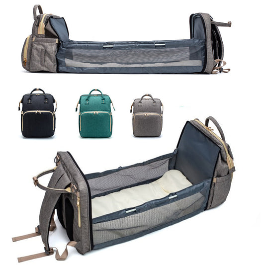 Multifunction Diaper Bag Backpack – USB Charging Baby Bag with Foldable Travel Bed