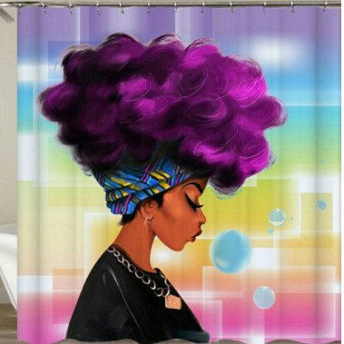 Retro Afro Girl Waterproof Shower Curtain – African American Bathroom Decor with Hooks