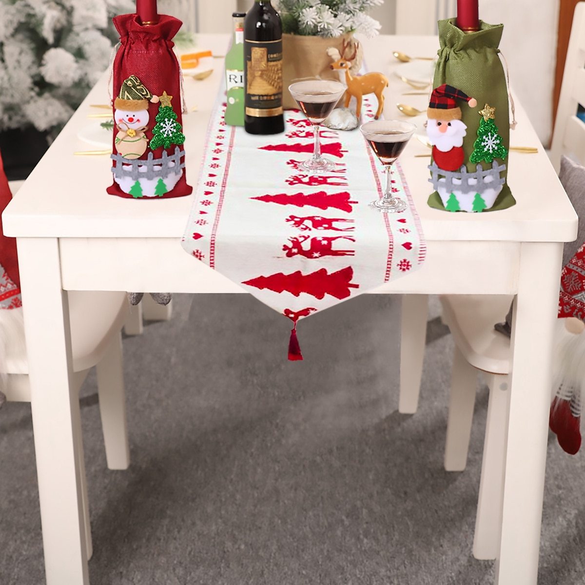 Holiday Table Runner with Elk and Snowman Design