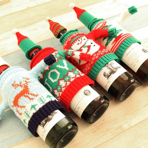 Christmas Wine Bottle Sweater Cover Set Knitted Holiday Table Decor Festive Ornament