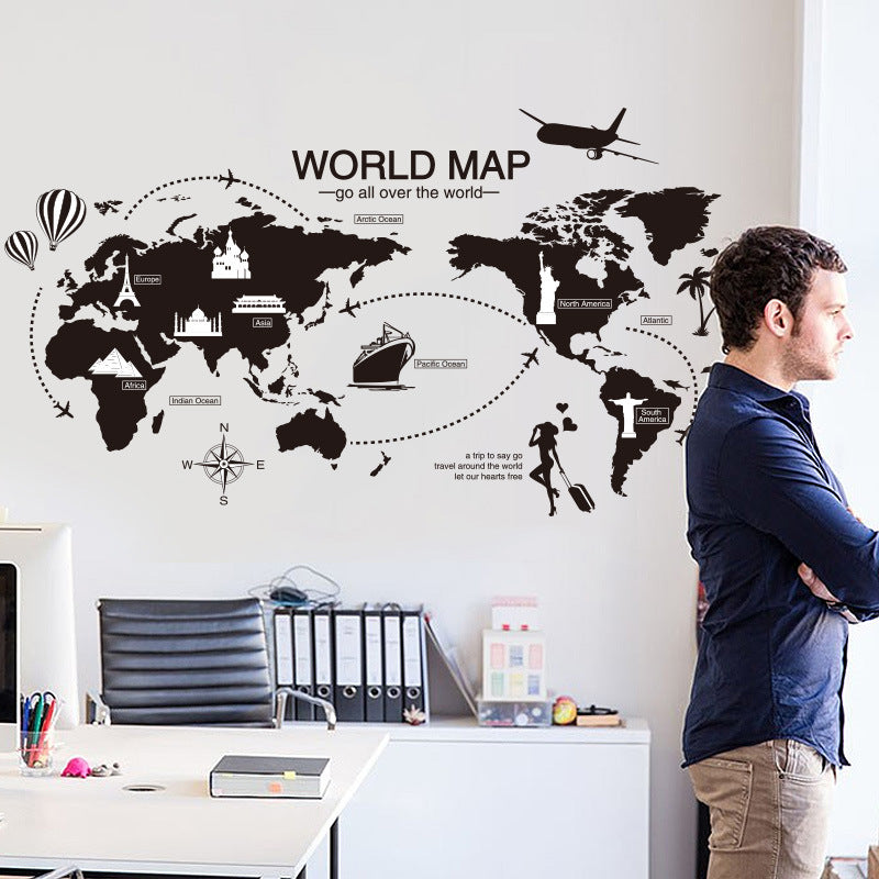 Stylish Black World Map Wall Sticker – Artistic PVC Wall Art for Home & Office Interior