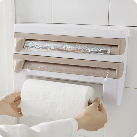 Space-Saving Wall Mount Kitchen Organizer – Wrap Cutter Holder for Cling Film, Foil & Paper Towels