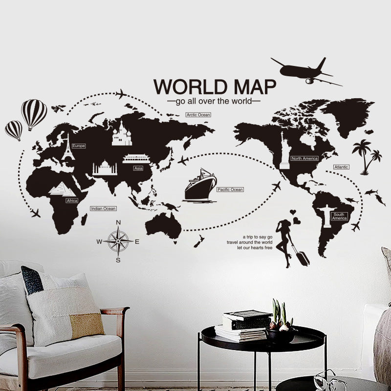 Stylish Black World Map Wall Sticker – Artistic PVC Wall Art for Home & Office Interior