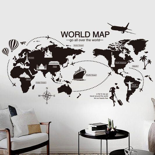 Stylish Black World Map Wall Sticker – Artistic PVC Wall Art for Home & Office Interior