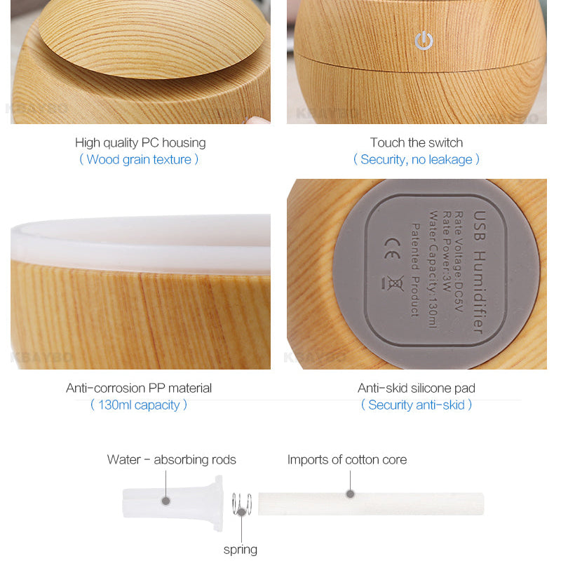 Essential Oil Diffuser Humidifier USB – Ultrasonic Air Purifier with 7-Color LED Night Light