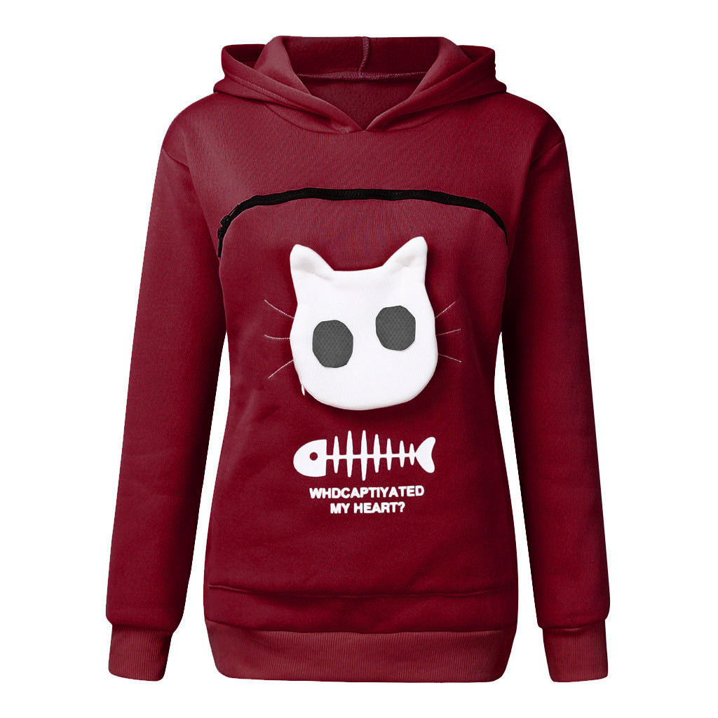 Cozy Cat Hoodie Women – Pet Pocket Sweatshirt for Carrying Cats Cute Animal Hoodie
