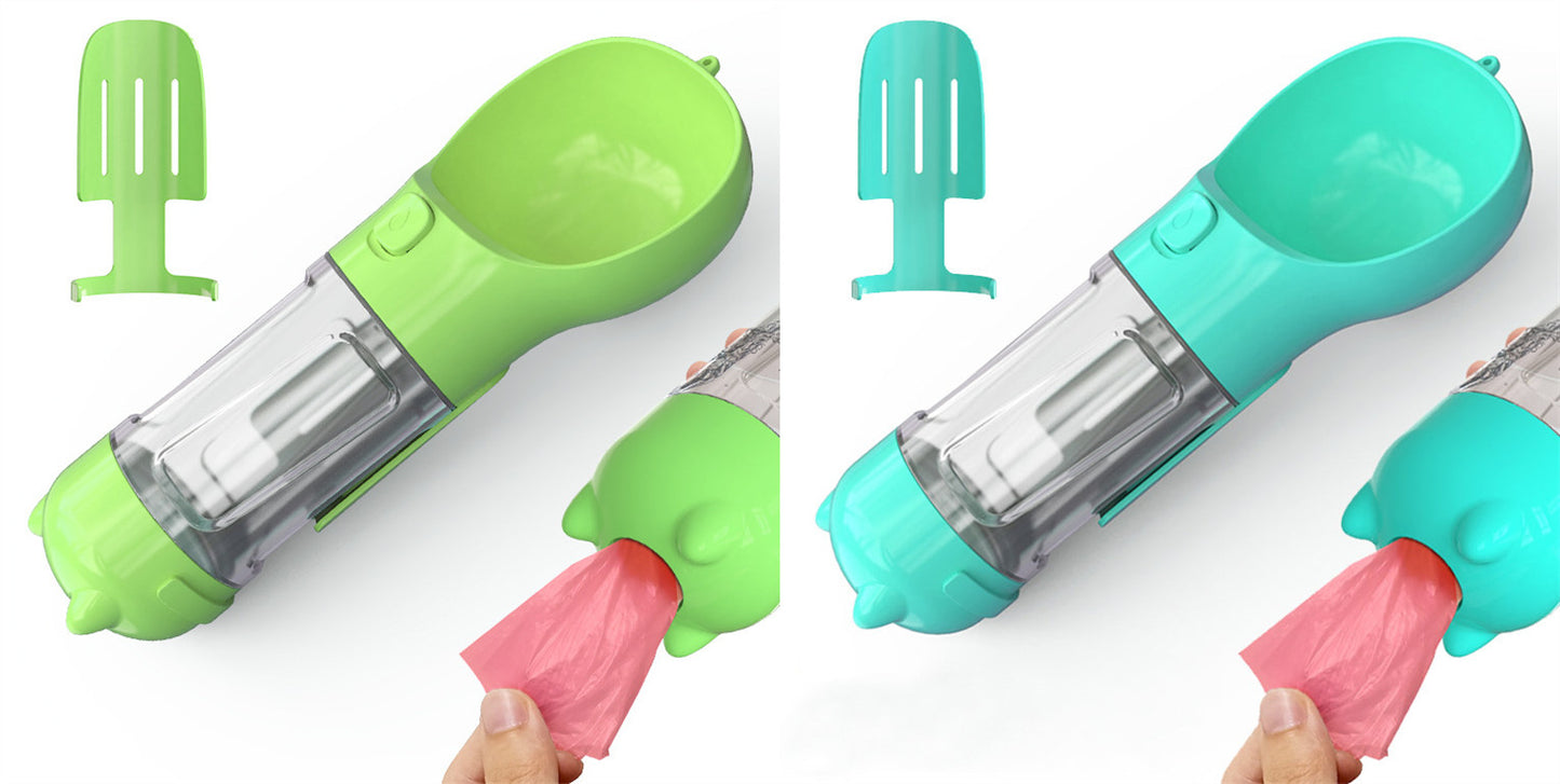 All-in-One Dog Travel Water Bottle – Portable Pet Water Dispenser with Food Bowl & Poop Bag Storage