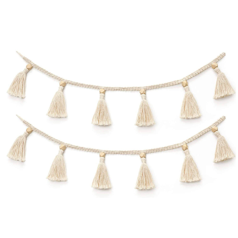 Boho Macrame Tassel Garland – Handmade Cotton & Wooden Bead Wall Art Decoration