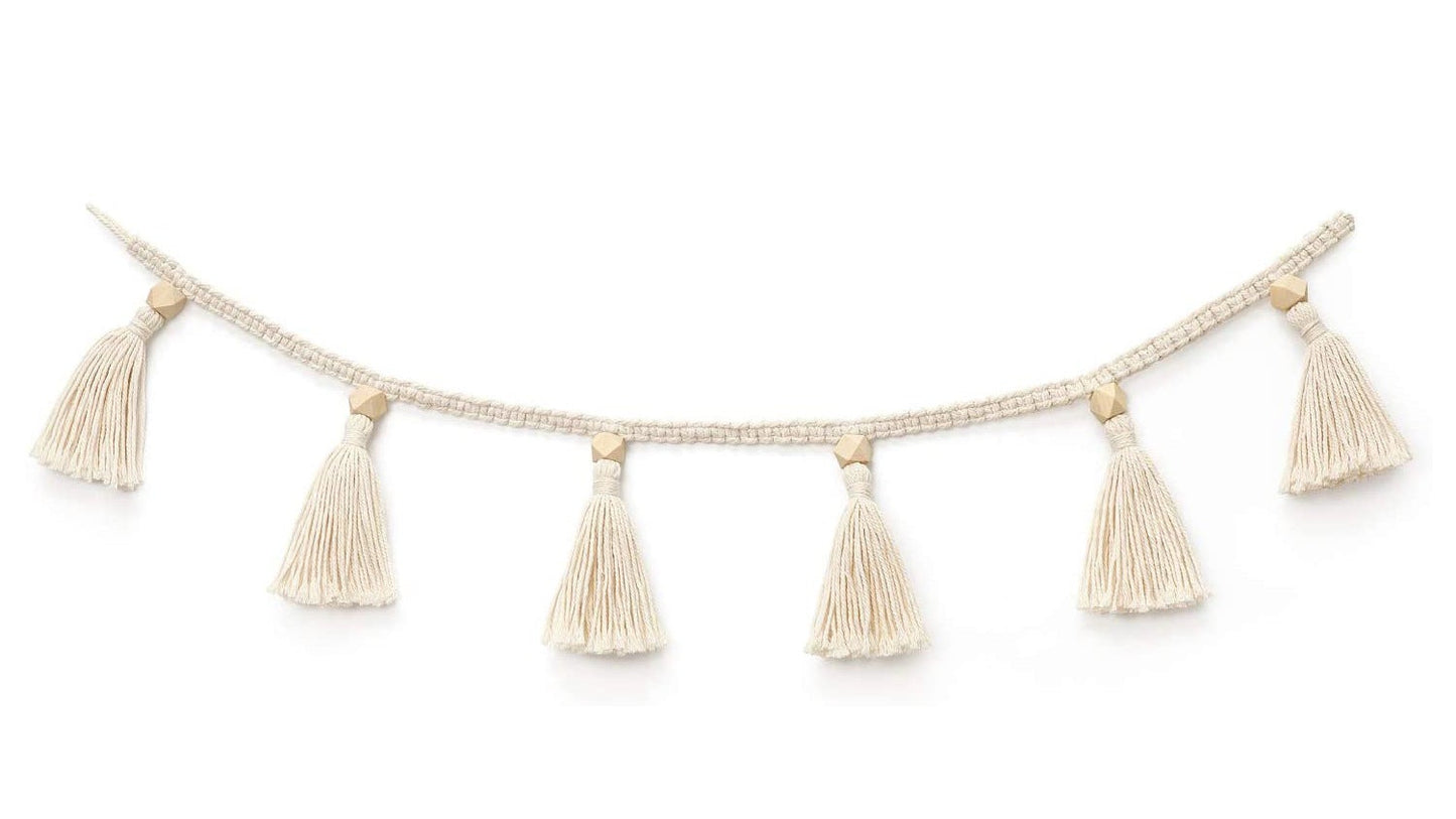 Boho Macrame Tassel Garland – Handmade Cotton & Wooden Bead Wall Art Decoration