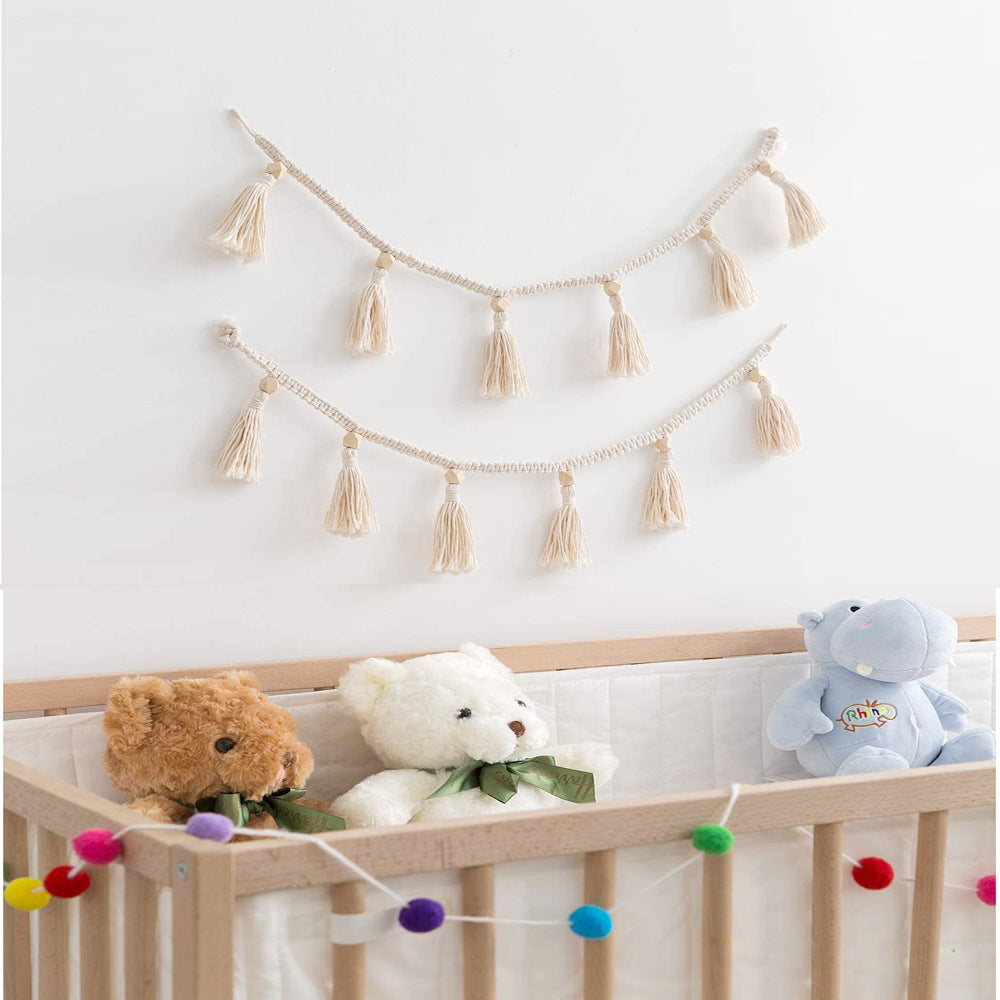 Boho Macrame Tassel Garland – Handmade Cotton & Wooden Bead Wall Art Decoration