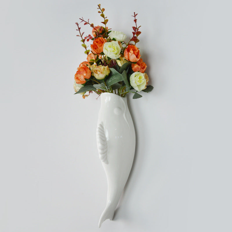 Simple Modern Ceramic Wall Vase – Goldfish Shape 3D Hanging Decor for Living Room