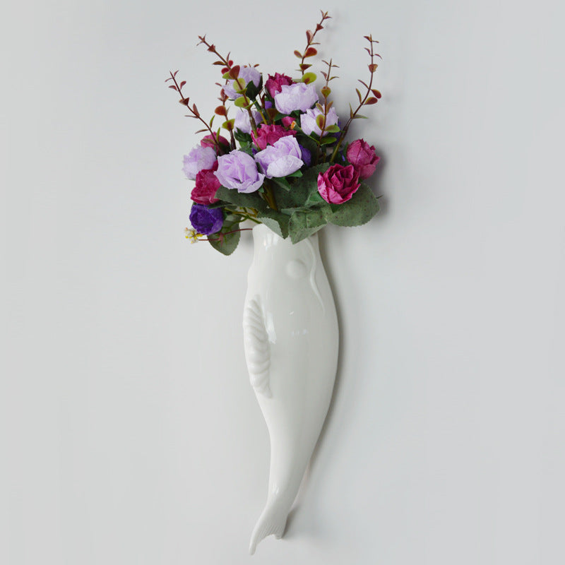 Simple Modern Ceramic Wall Vase – Goldfish Shape 3D Hanging Decor for Living Room