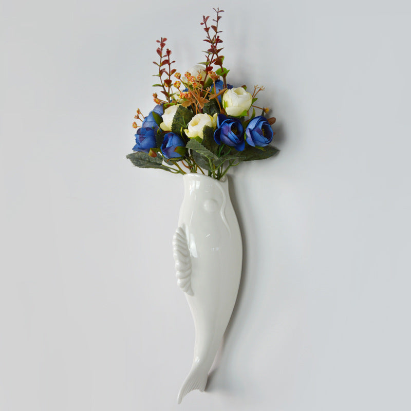Simple Modern Ceramic Wall Vase – Goldfish Shape 3D Hanging Decor for Living Room