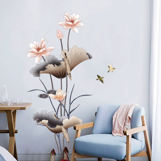 Chinese Lotus Flower Wall Sticker – Self Adhesive Wallpaper for Living Room Decor