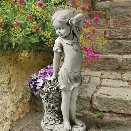Charming Flower Girl Garden Decor – Lawn Sculpture Planter Basket Statue