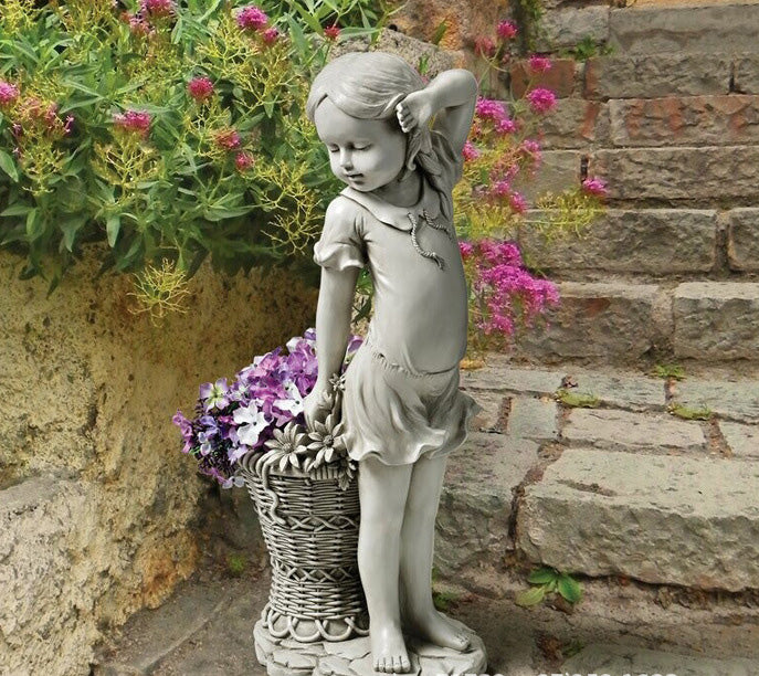Charming Flower Girl Garden Decor – Lawn Sculpture Planter Basket Statue