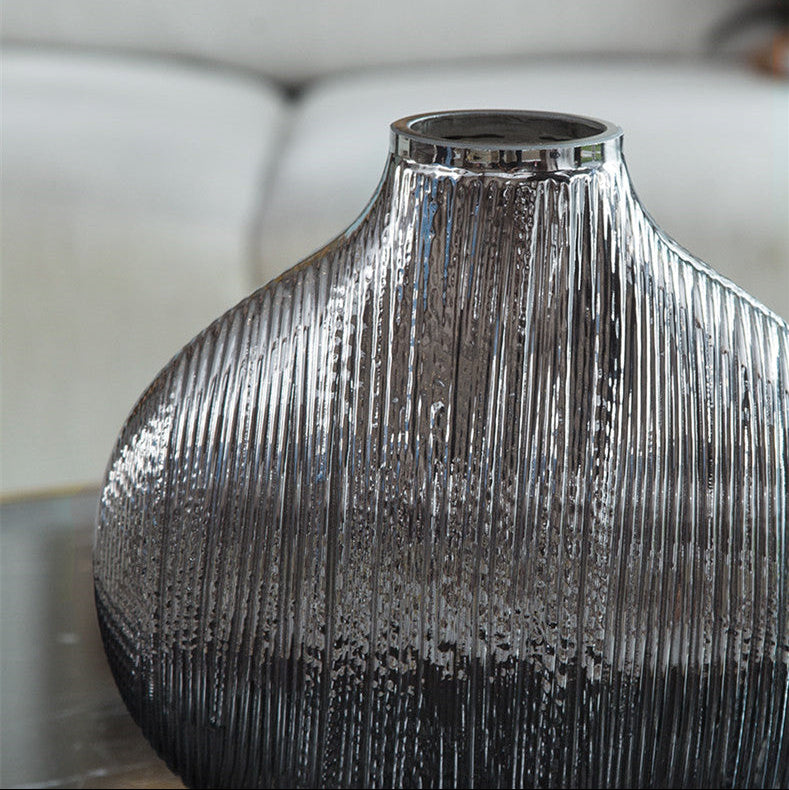 Modern Glass Flower Vase – Silver Striped Vase for Home & Living Room Decor