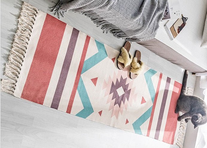 Bohemian Cotton Linen Rug – Long Geometric Hand Woven Floor Runner