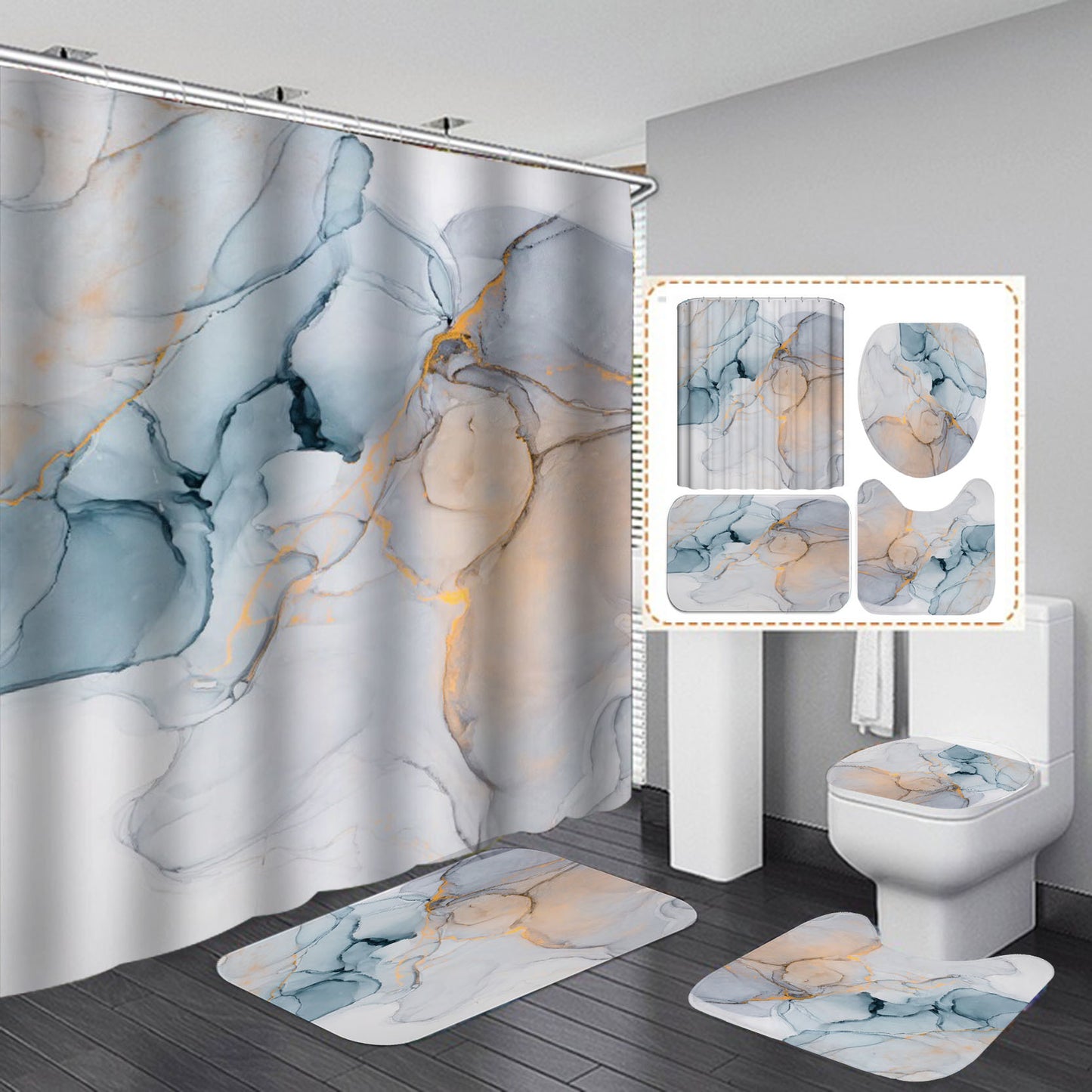 Premium 3D Bathroom Set – Shower Curtain with Anti-Slip Absorbent Rug