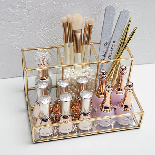 Elegant Glass Cosmetic Organizer – Gold Makeup Storage Box for Bathroom & Vanity Table