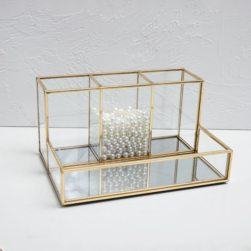 Elegant Glass Cosmetic Organizer – Gold Makeup Storage Box for Bathroom & Vanity Table