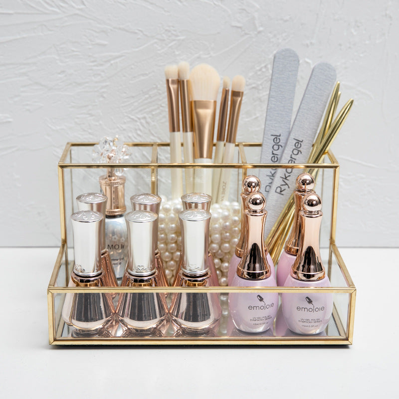 Elegant Glass Cosmetic Organizer – Gold Makeup Storage Box for Bathroom & Vanity Table