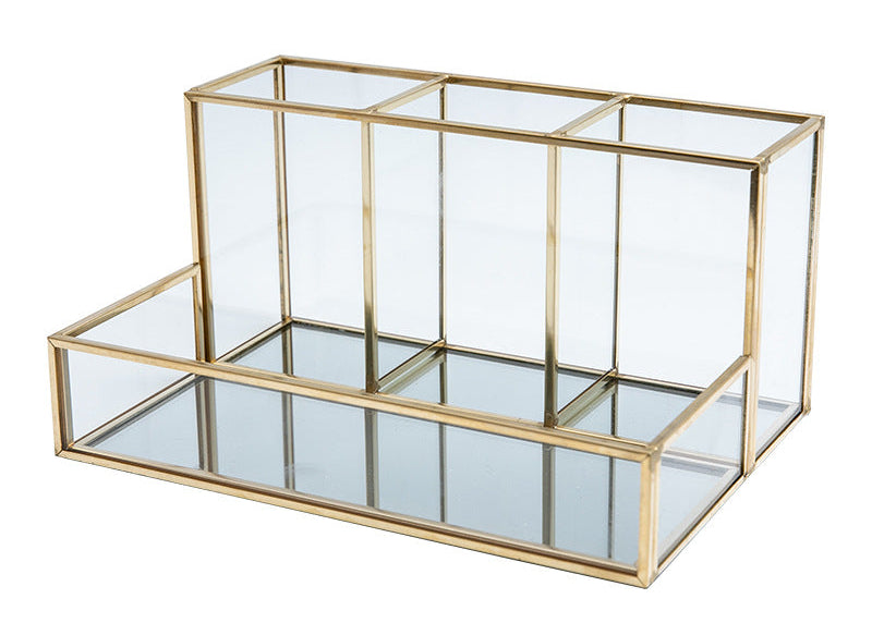 Elegant Glass Cosmetic Organizer – Gold Makeup Storage Box for Bathroom & Vanity Table