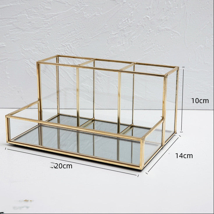 Elegant Glass Cosmetic Organizer – Gold Makeup Storage Box for Bathroom & Vanity Table