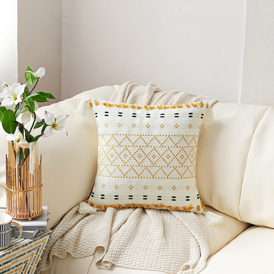 Bohemian Hand-Embroidered Tufted Cushion with Fringe Accents