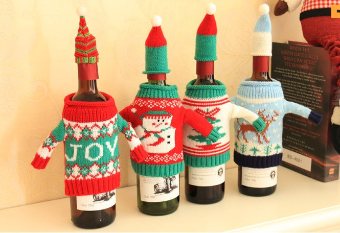 Christmas Wine Bottle Sweater Cover Set Knitted Holiday Table Decor Festive Ornament
