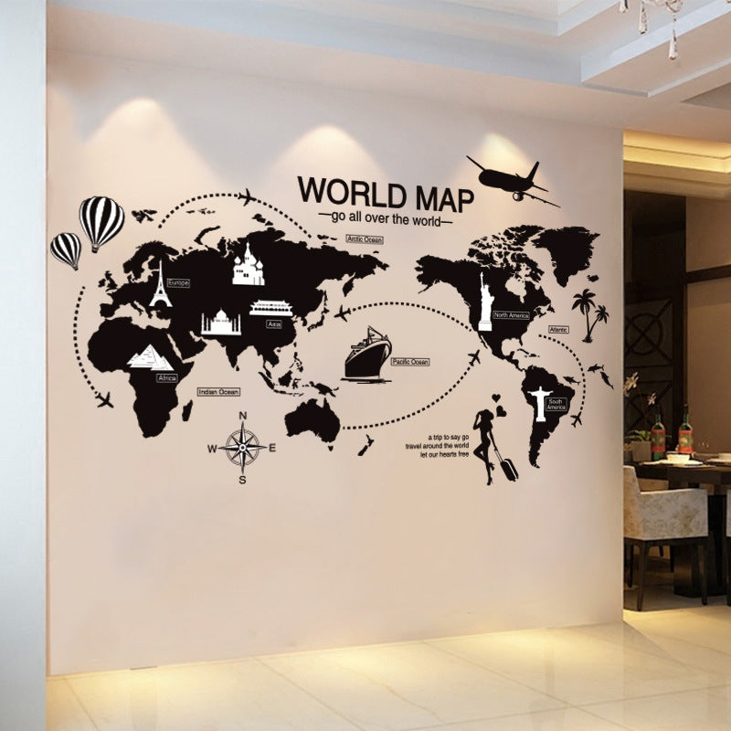 Stylish Black World Map Wall Sticker – Artistic PVC Wall Art for Home & Office Interior