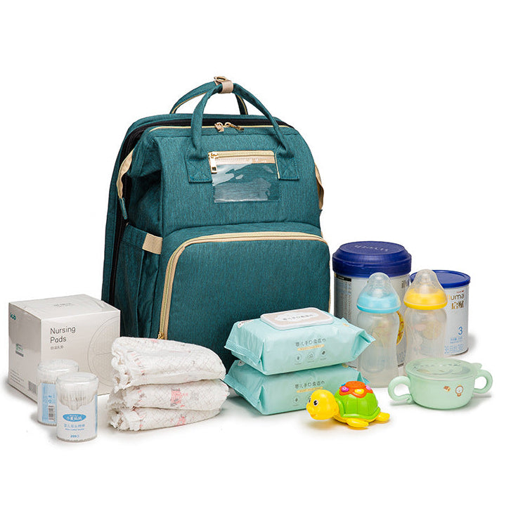 Multifunction Diaper Bag Backpack – USB Charging Baby Bag with Foldable Travel Bed