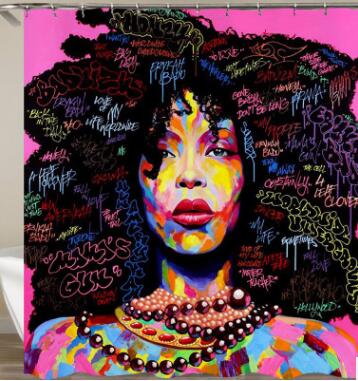 Retro Afro Girl Waterproof Shower Curtain – African American Bathroom Decor with Hooks
