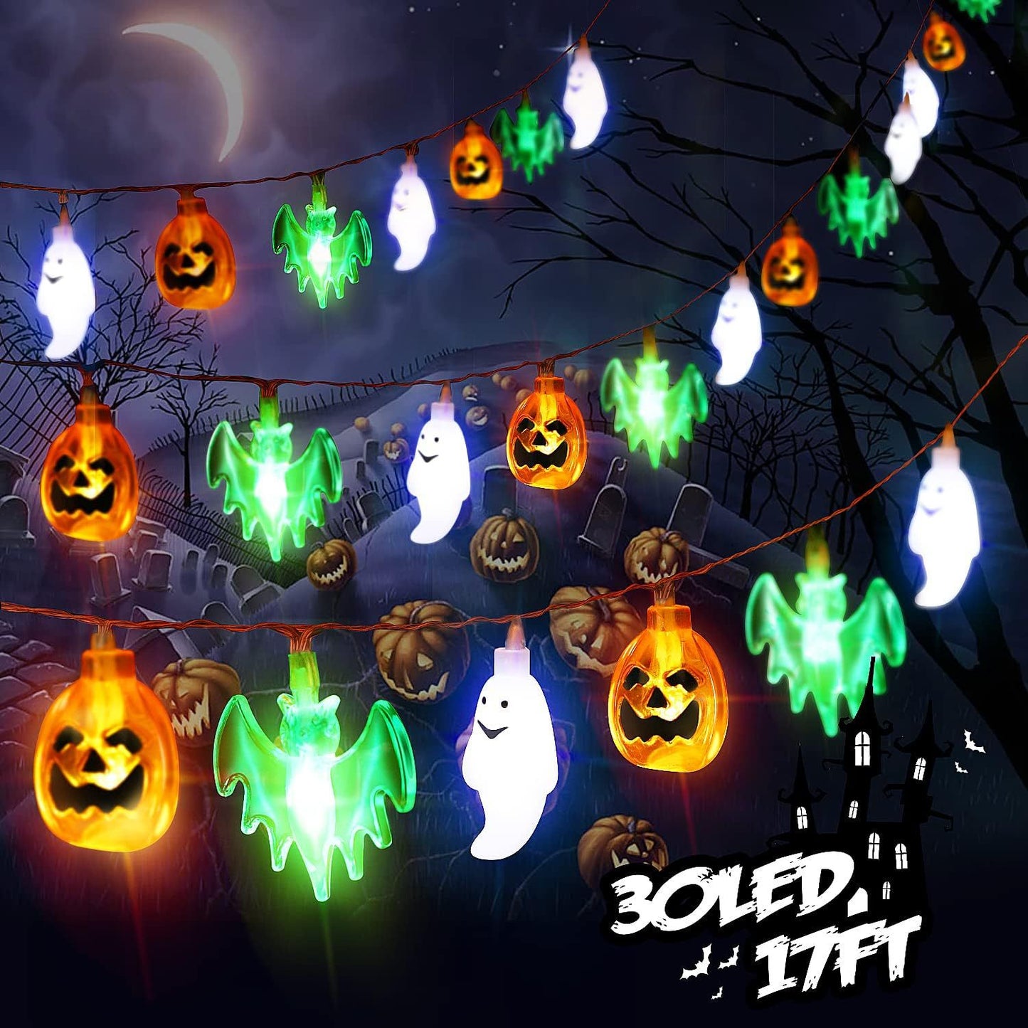 Halloween Outdoor String Light Decor – LED Pumpkin Bat Skull Party Hanging Lights