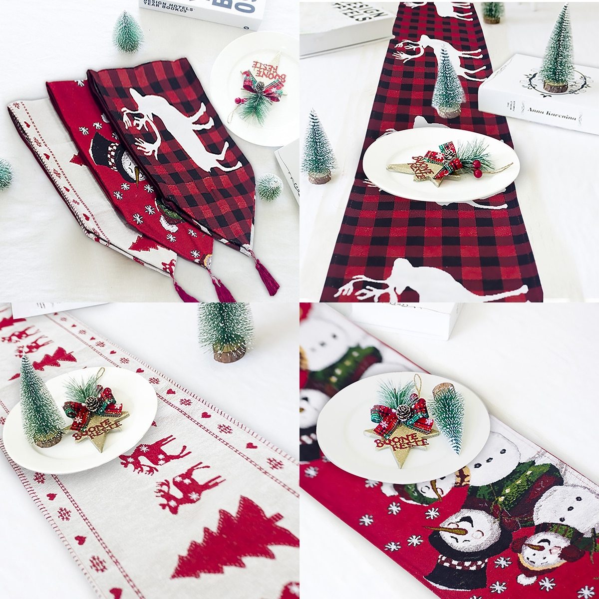 Holiday Table Runner with Elk and Snowman Design